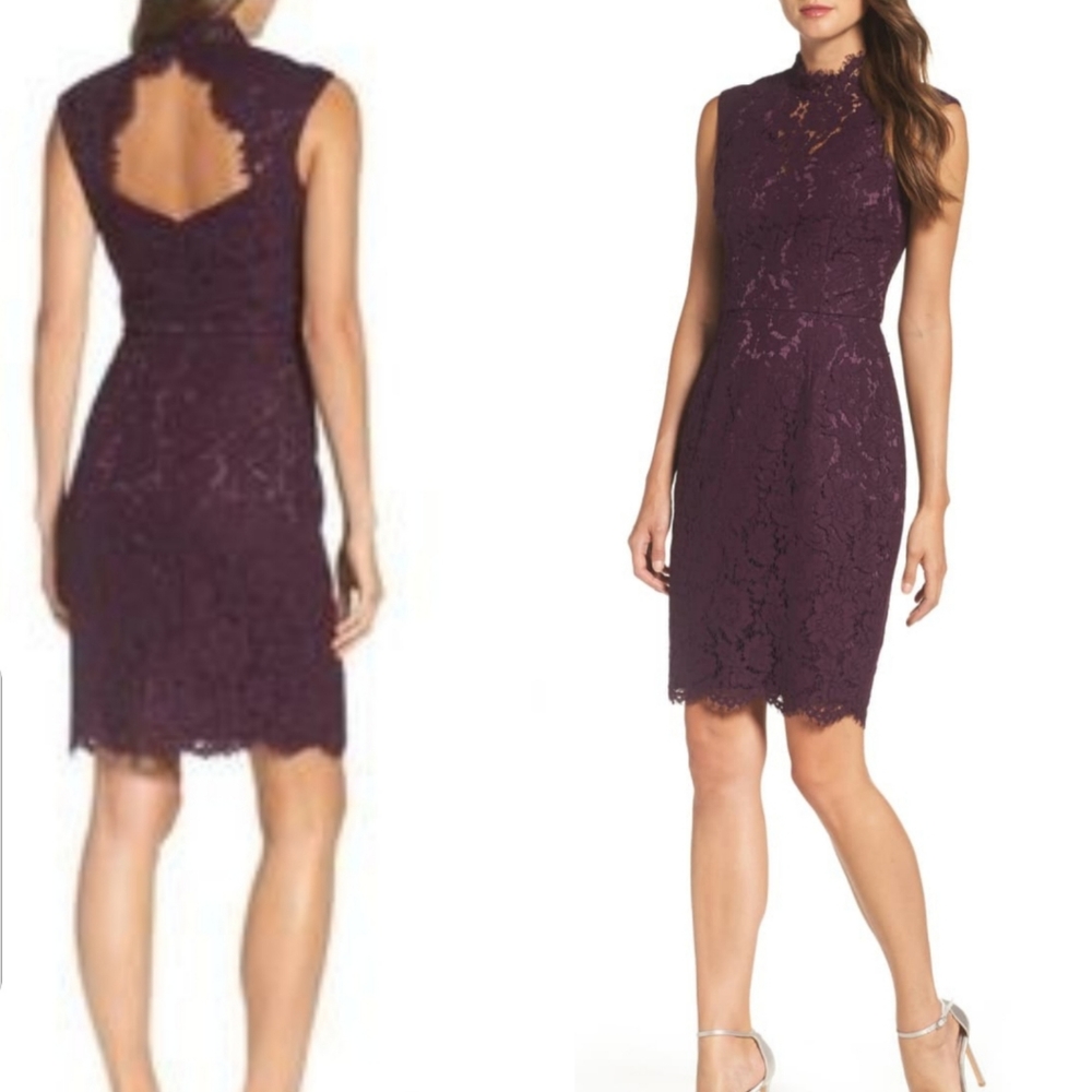 Vince Camuto open back mock neck lace dress